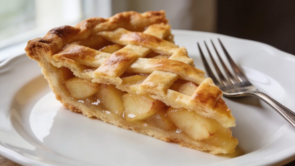Golden baked apple pie with lattice crust on a plate, surrounded by fresh apples and cinnamon sticks