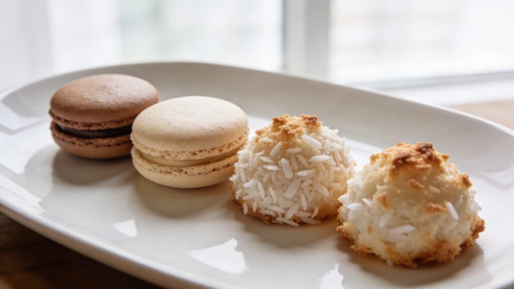 Side-by-side French macarons and American coconut macaroons on a plate