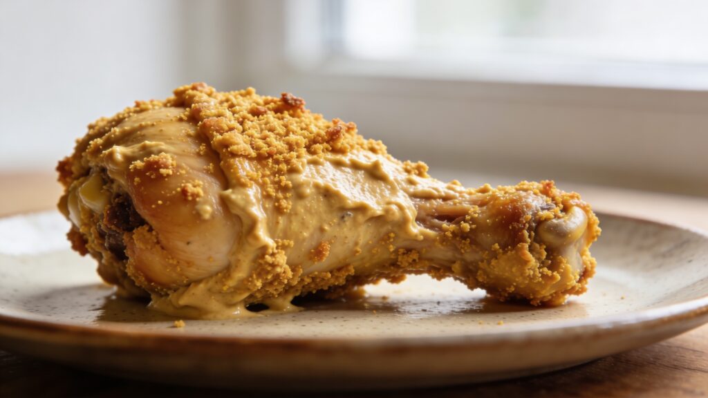 Baked hummus-crusted chicken thighs with golden crust on a serving plate