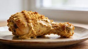 Baked hummus-crusted chicken thighs with golden crust on a serving plate