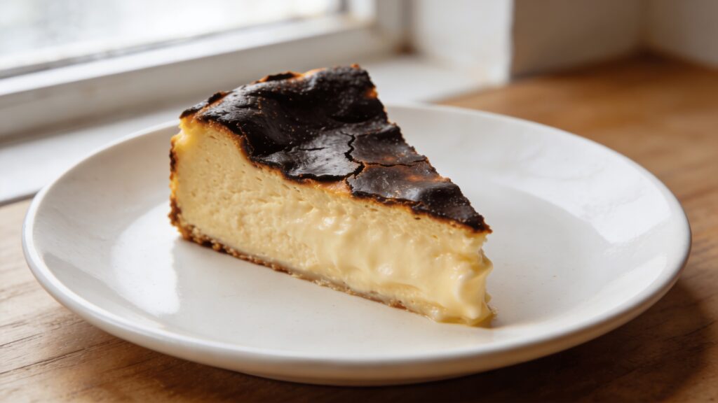 A slice of creamy Basque cheesecake on a white plate