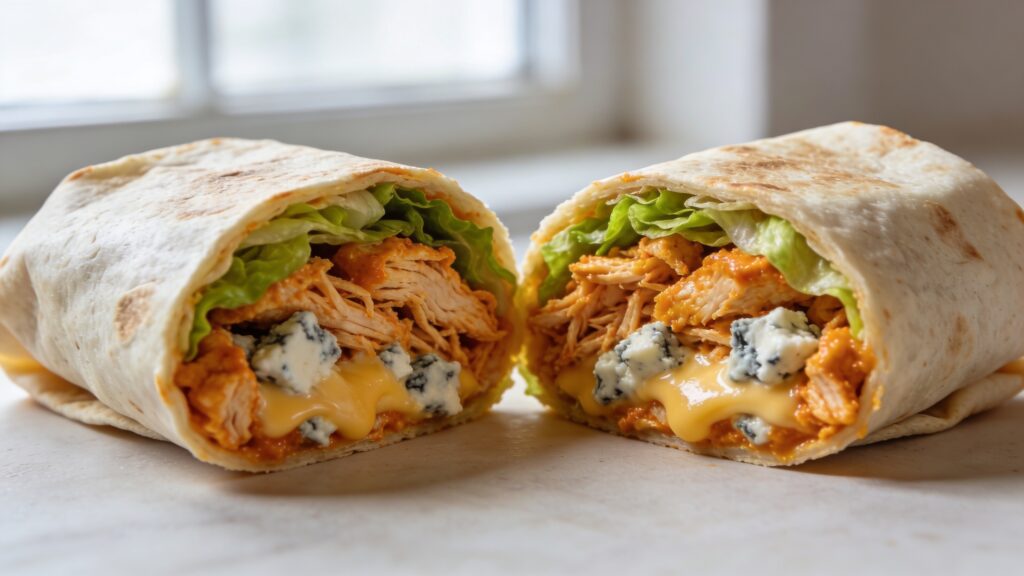 Buffalo chicken breakfast wrap with blue cheese crumble and shredded lettuce on a plate