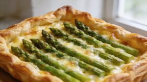 Golden flaky puff pastry topped with melted Gruyère cheese and vibrant green asparagus spears, finished with olive oil drizzle