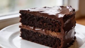 A decadent ultra-rich devil's food chocolate layer cake with dark chocolate ganache buttercream frosting