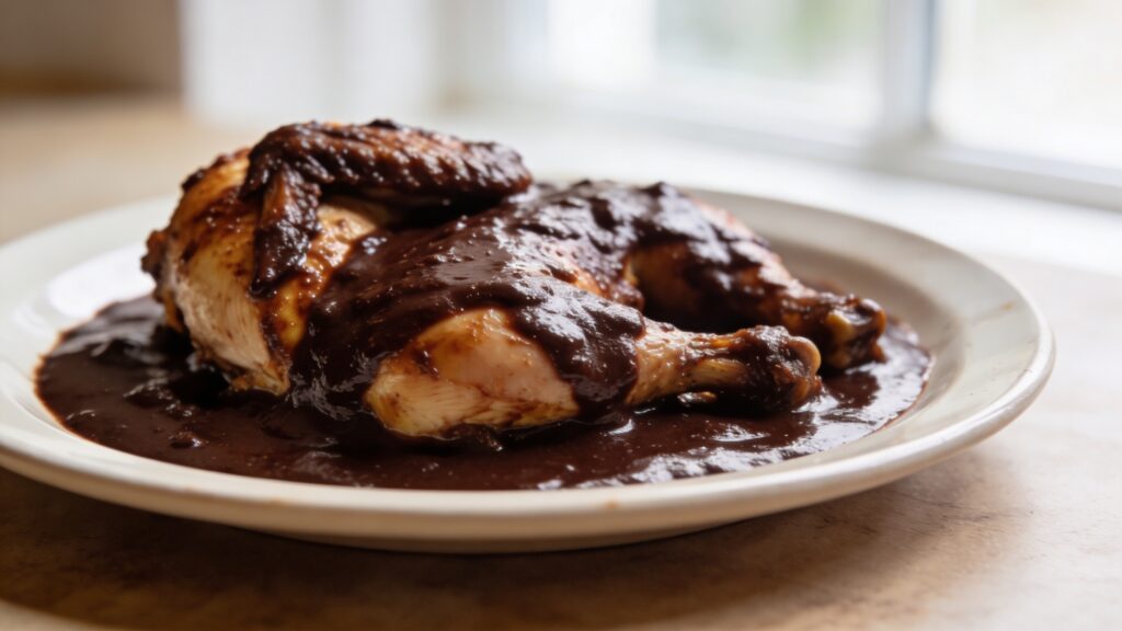 Plated Mexican chocolate mole chicken garnished with sesame seeds and fresh herbs