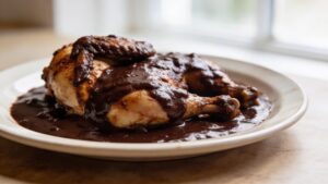 Plated Mexican chocolate mole chicken garnished with sesame seeds and fresh herbs