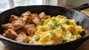 Chicken and egg breakfast skillet with crispy chicken wing meat and scrambled eggs in a pan
