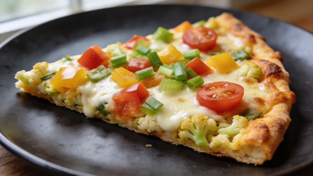 Golden cauliflower crust pizza with tomato sauce, fresh mozzarella, spring vegetables