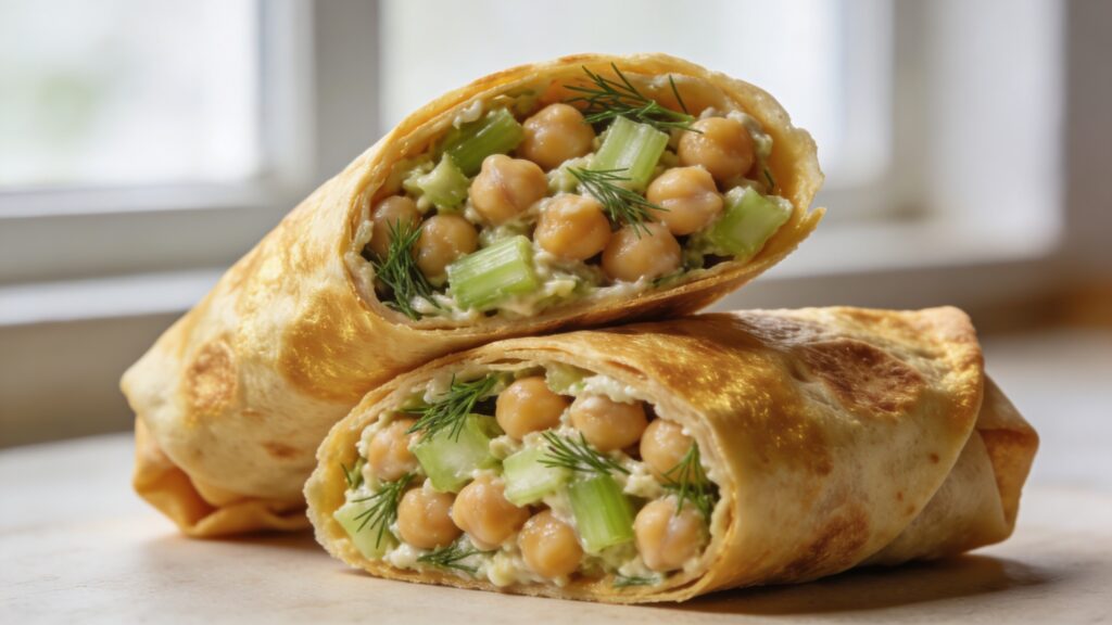 Chickpea salad wrap filled with mashed chickpeas, celery, and fresh dill on a wooden cutting board