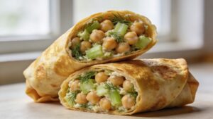 Chickpea salad wrap filled with mashed chickpeas, celery, and fresh dill on a wooden cutting board