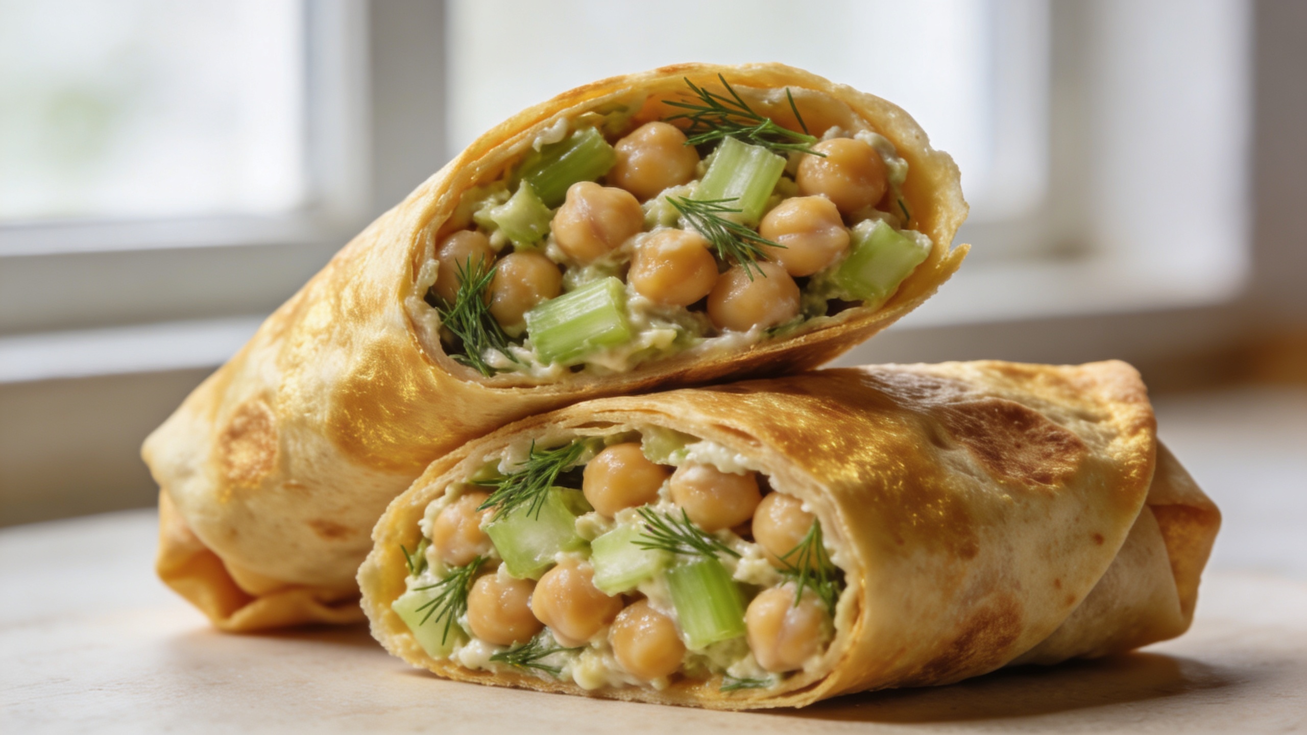 Chickpea salad wrap filled with mashed chickpeas, celery, and fresh dill on a wooden cutting board