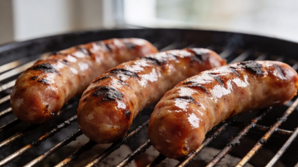 Juicy grilled Italian sausages with char marks on a barbecue grate