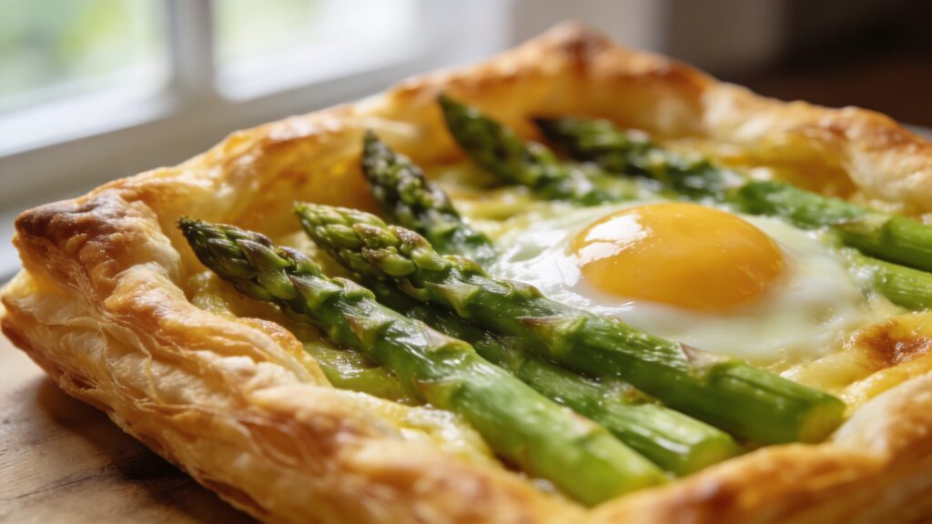 Healthy Asparagus Tart fresh from oven on a wooden board
