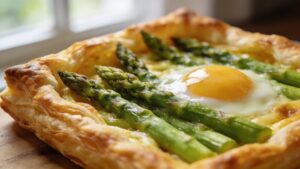 Healthy Asparagus Tart fresh from oven on a wooden board