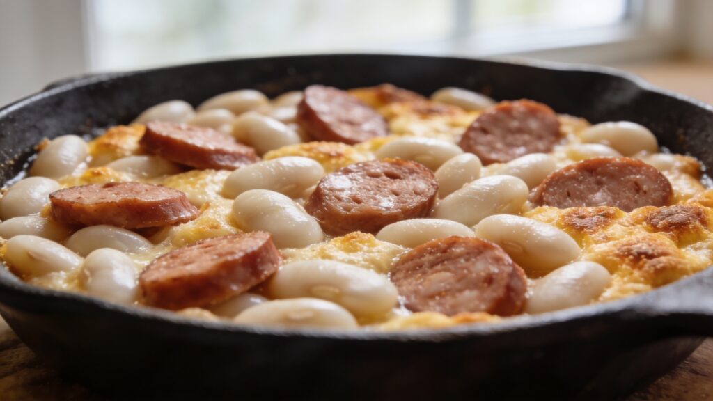 Home White bean and sausage skillet simmered in canned tomatoes with rosemary