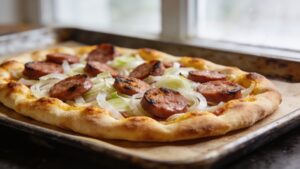 Sliced Italian sausage and shaved fennel on store-bought flatbread after broiling