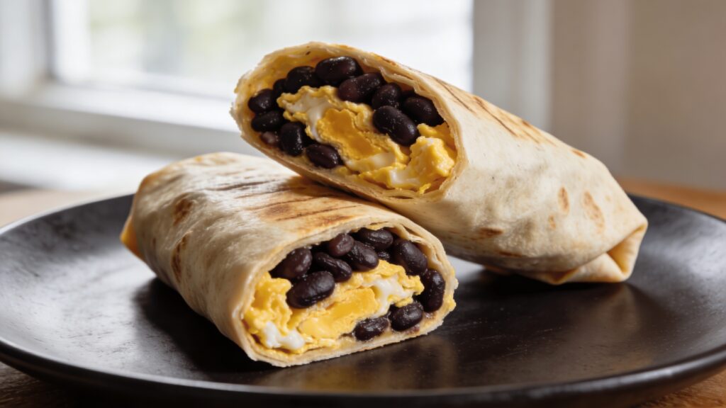 A flour tortilla filled with scrambled eggs and black beans, sliced in half on a plate