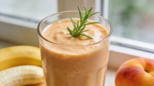 A tall glass of peach and banana smoothie topped with fresh tarragon, with a blender and ingredients in the background