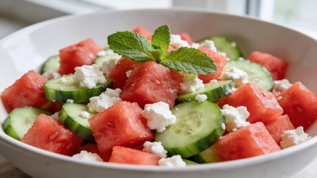 Juicy watermelon cubes, crisp cucumber, crumbled feta, and fresh mint in a bowl with lime-honey dressing