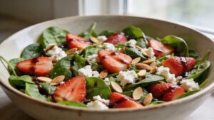 Fresh strawberry spinach salad drizzled with balsamic dressing