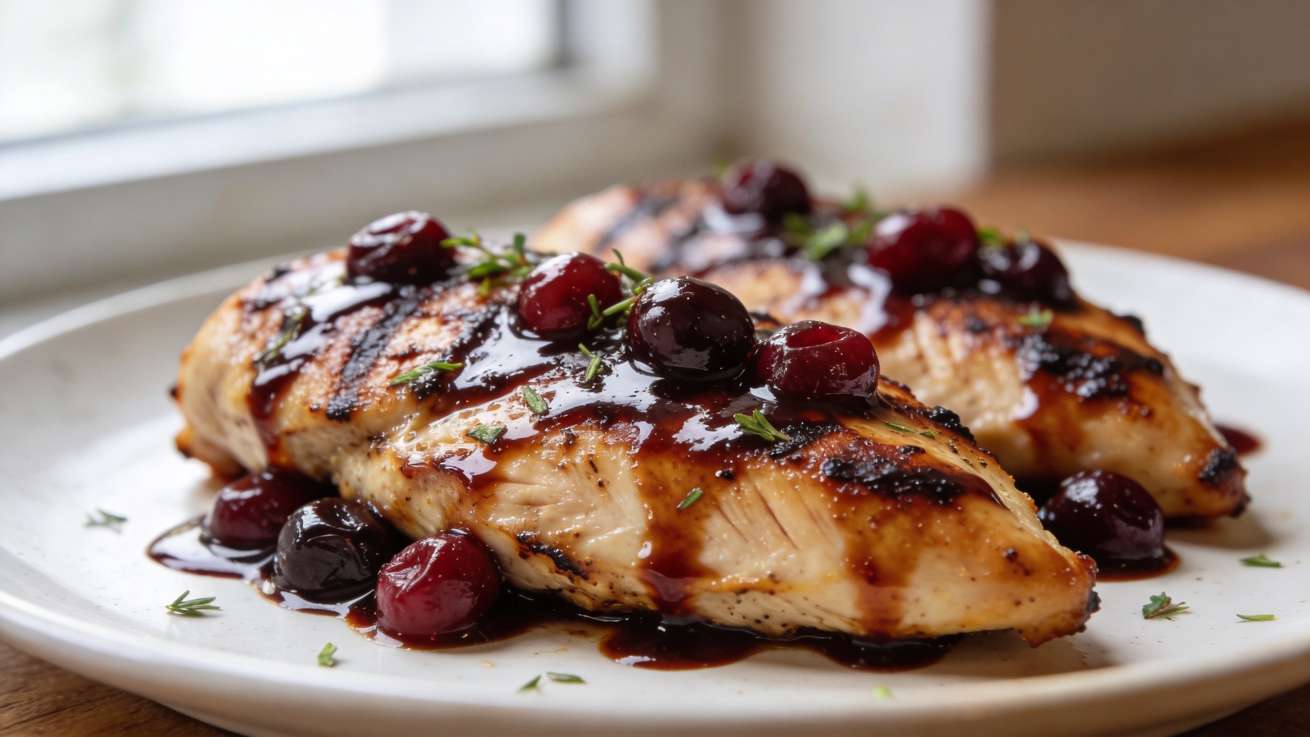 Grilled chicken breasts glazed with cherry balsamic reduction on a plate