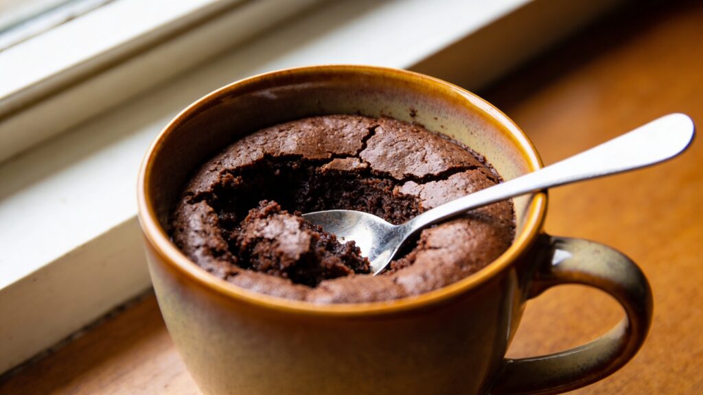 A single serving devil's food cake in a white mug, topped with chocolate glaze, fudgy and rich.