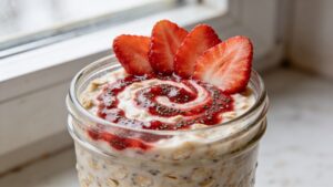A jar of creamy overnight oats topped with fresh sliced strawberries and a swirl of strawberry chia jam on a light background