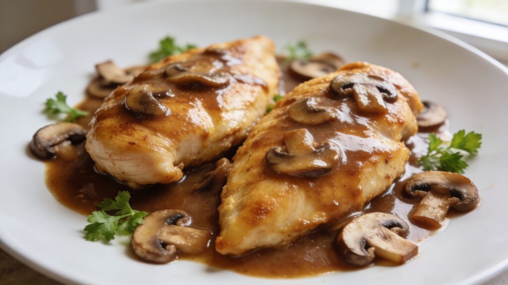 Golden pan-fried chicken cutlets in rich Marsala mushroom sauce