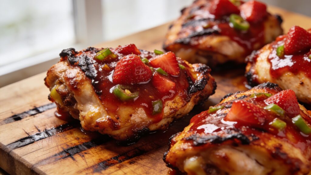Grilled chicken thighs glazed with strawberry jalapeño sauce on a plate