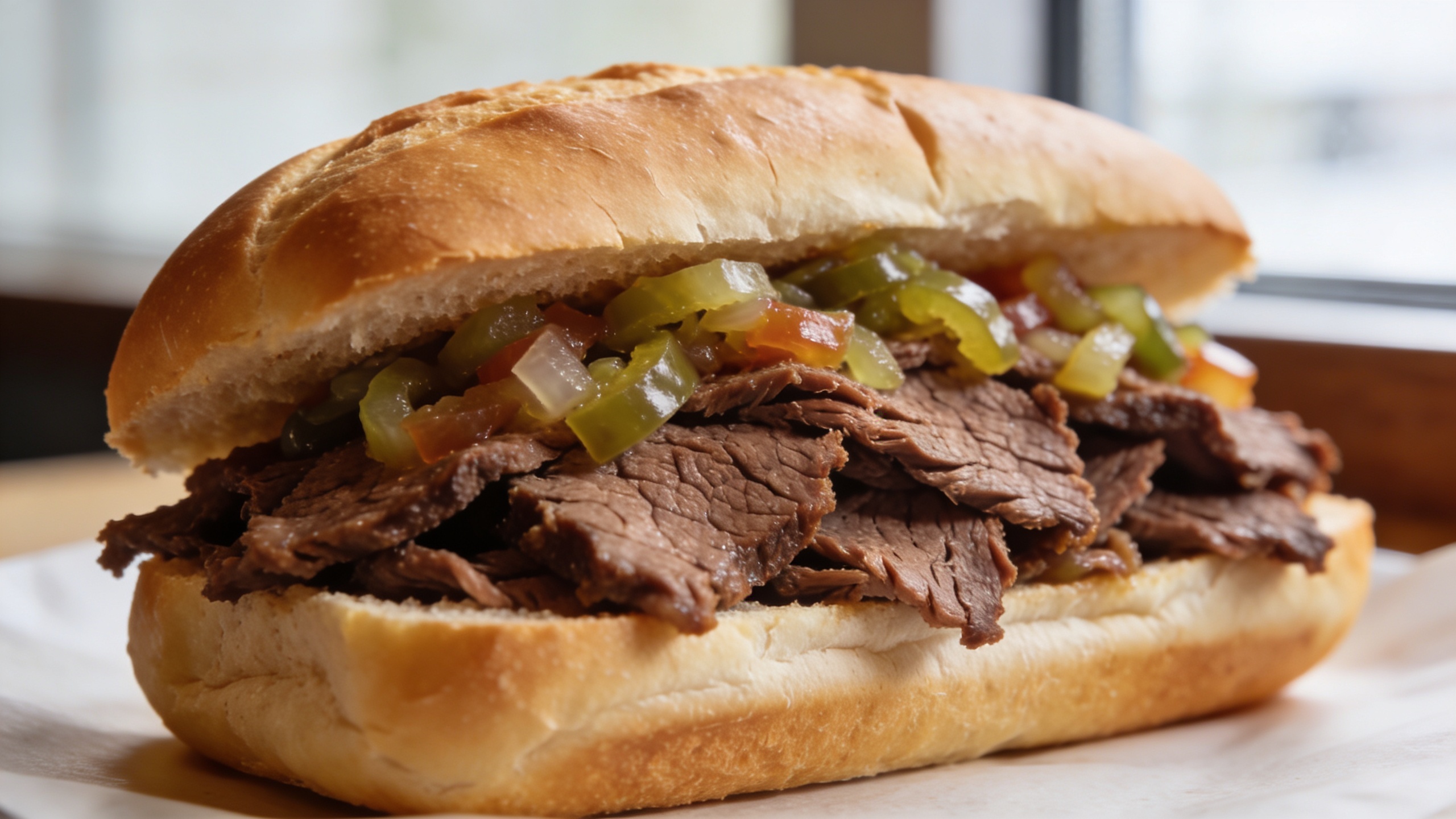 Juicy sliced Italian beef piled high on a crusty roll with giardiniera