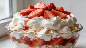 A glass bowl filled with layers of crushed meringue, macerated strawberries, and whipped cream, topped with a strawberry slice and mint leaf.