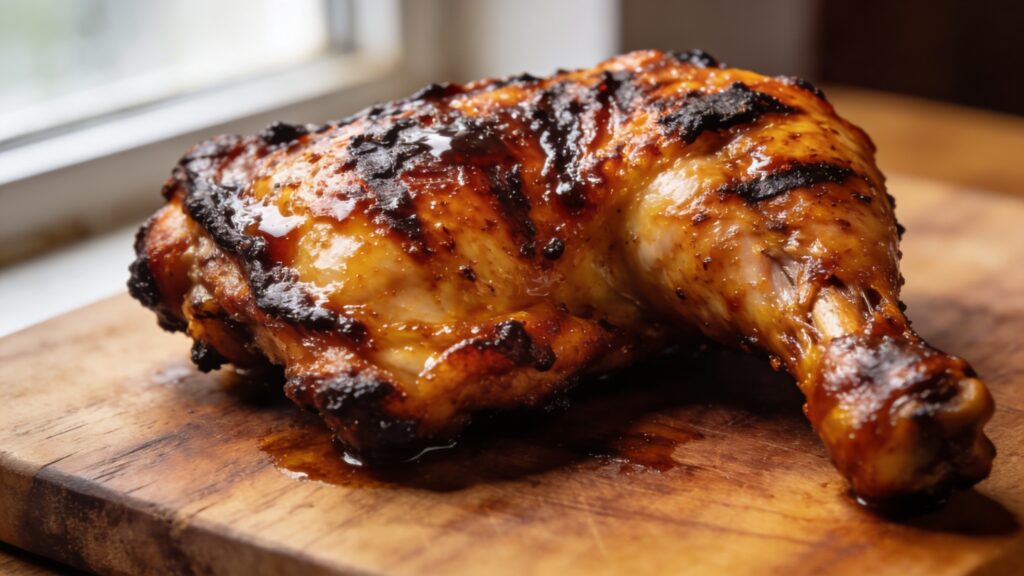 Grilled BBQ chicken on a Memorial Day grill with smoke and char marks