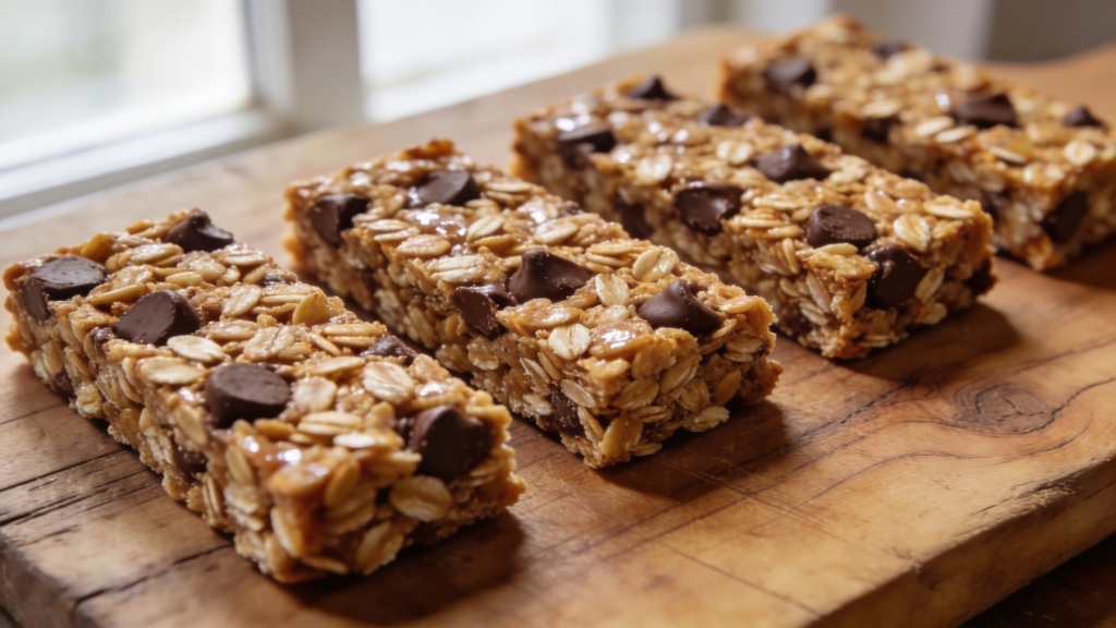 A stack of homemade no-bake chocolate chip granola bars on a cutting board