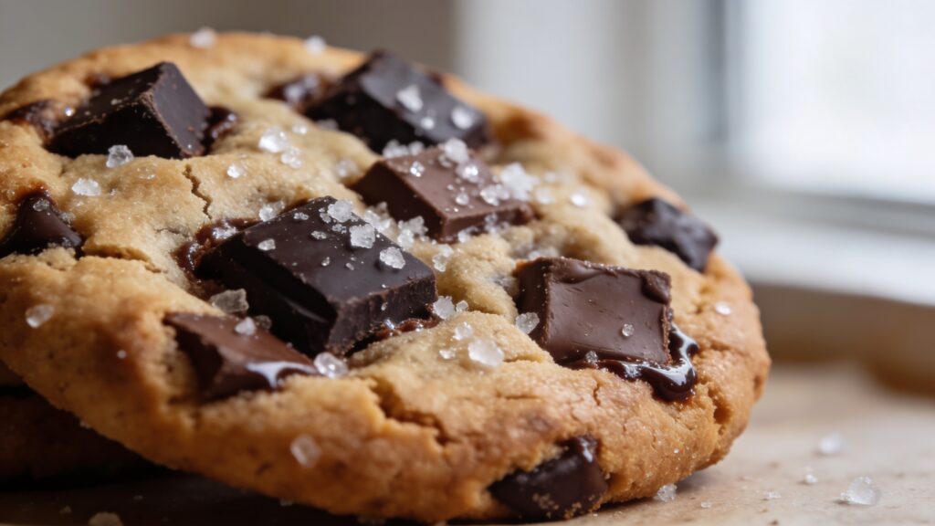 Golden brown butter chocolate chip cookie with flaky sea salt on a cooling rack