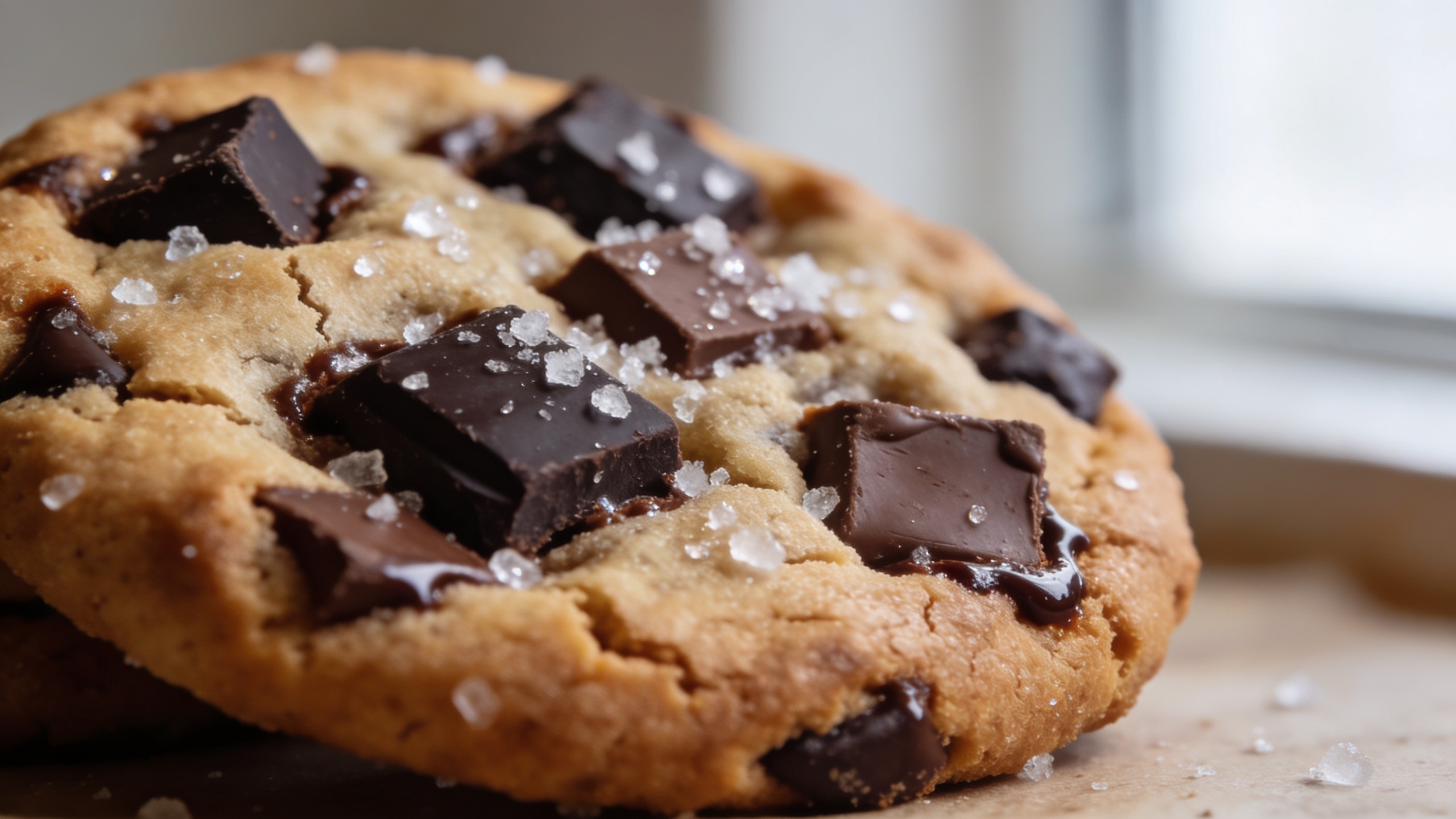 Golden brown butter chocolate chip cookie with flaky sea salt on a cooling rack