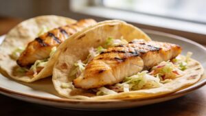 Grilled fish tacos with fresh toppings and lime wedges on a wooden board