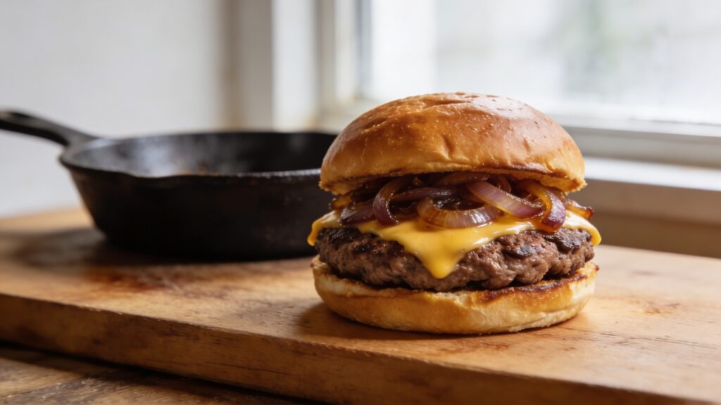 Juicy smashed cheeseburger on a bun with melted American cheese and onions, cooked in a cast iron skillet