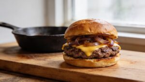 Juicy smashed cheeseburger on a bun with melted American cheese and onions, cooked in a cast iron skillet