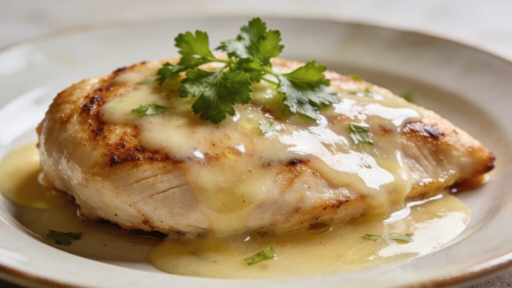 Seared chicken breast with golden-brown crust and pan sauce on a white plate