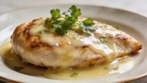 Seared chicken breast with golden-brown crust and pan sauce on a white plate