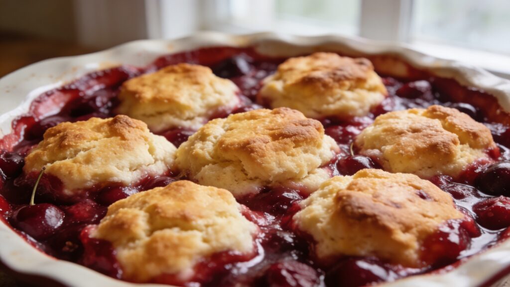 Golden drop biscuits atop a deep dish of tart cherry cobbler, ready to serve with vanilla ice cream