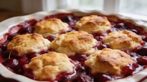 Golden drop biscuits atop a deep dish of tart cherry cobbler, ready to serve with vanilla ice cream