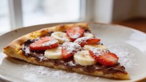 A golden pizza crust spread with Nutella and topped with sliced strawberries, bananas, and powdered sugar on a cutting board