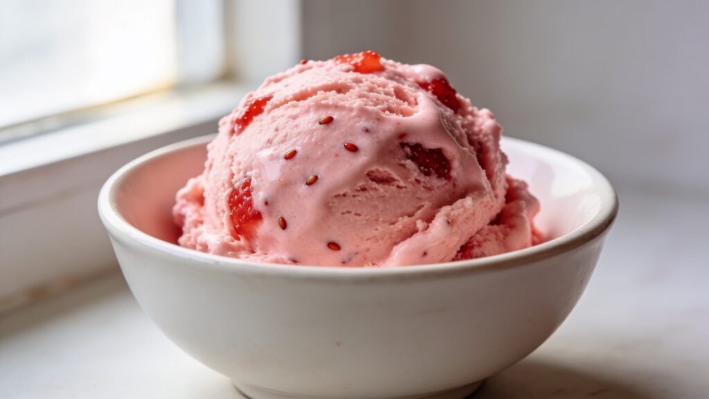 First scoop of no-churn strawberry ice cream made with fresh strawberries, sweetened condensed milk, and whipped cream