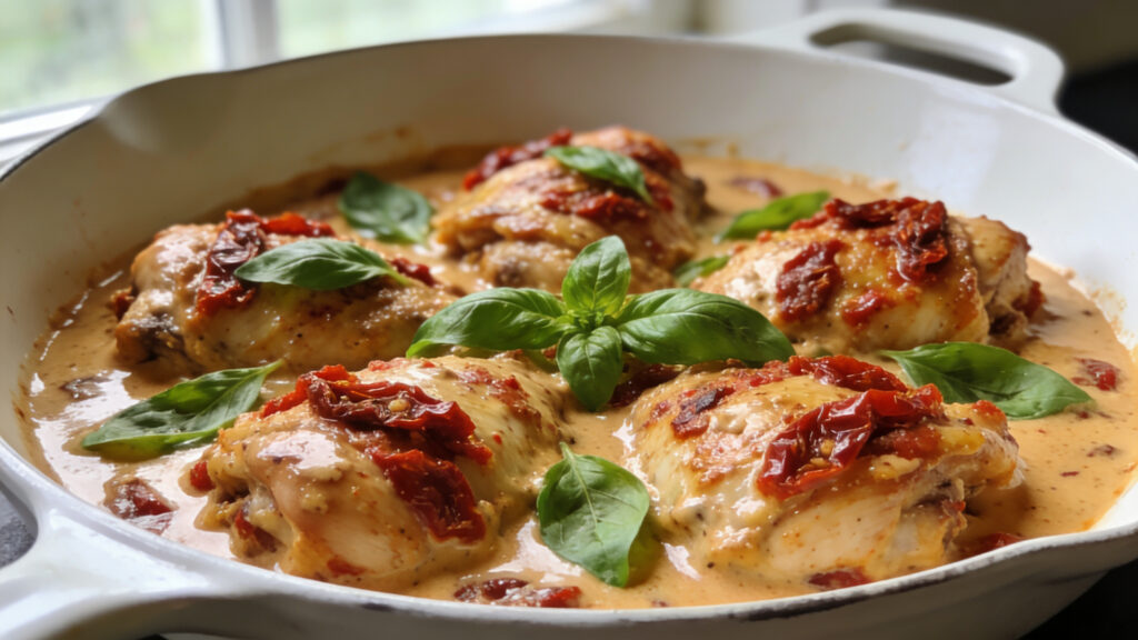 Home Golden-brown pan-seared chicken thighs in a creamy sun-dried tomato sauce, garnished with fresh basil and served with a side of vegetables.