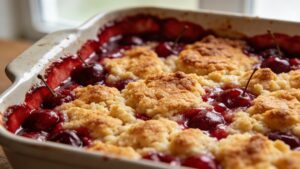 Golden baked cherry cobbler dump cake in a baking dish