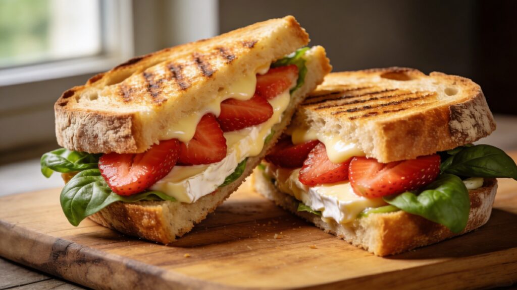 Home Golden brown grilled cheese sandwich with melted brie, fresh strawberries, and basil leaves on sourdough bread