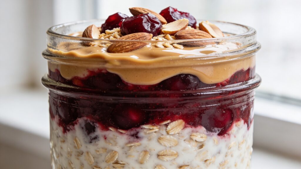 Cherry almond overnight oats in a glass jar with sour cherry compote and toasted almonds