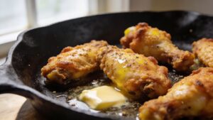 Golden brown crispy lemon pepper wings in a black cast iron skillet