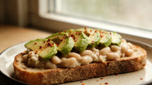 White bean avocado toast on sourdough with lemon and red pepper flakes